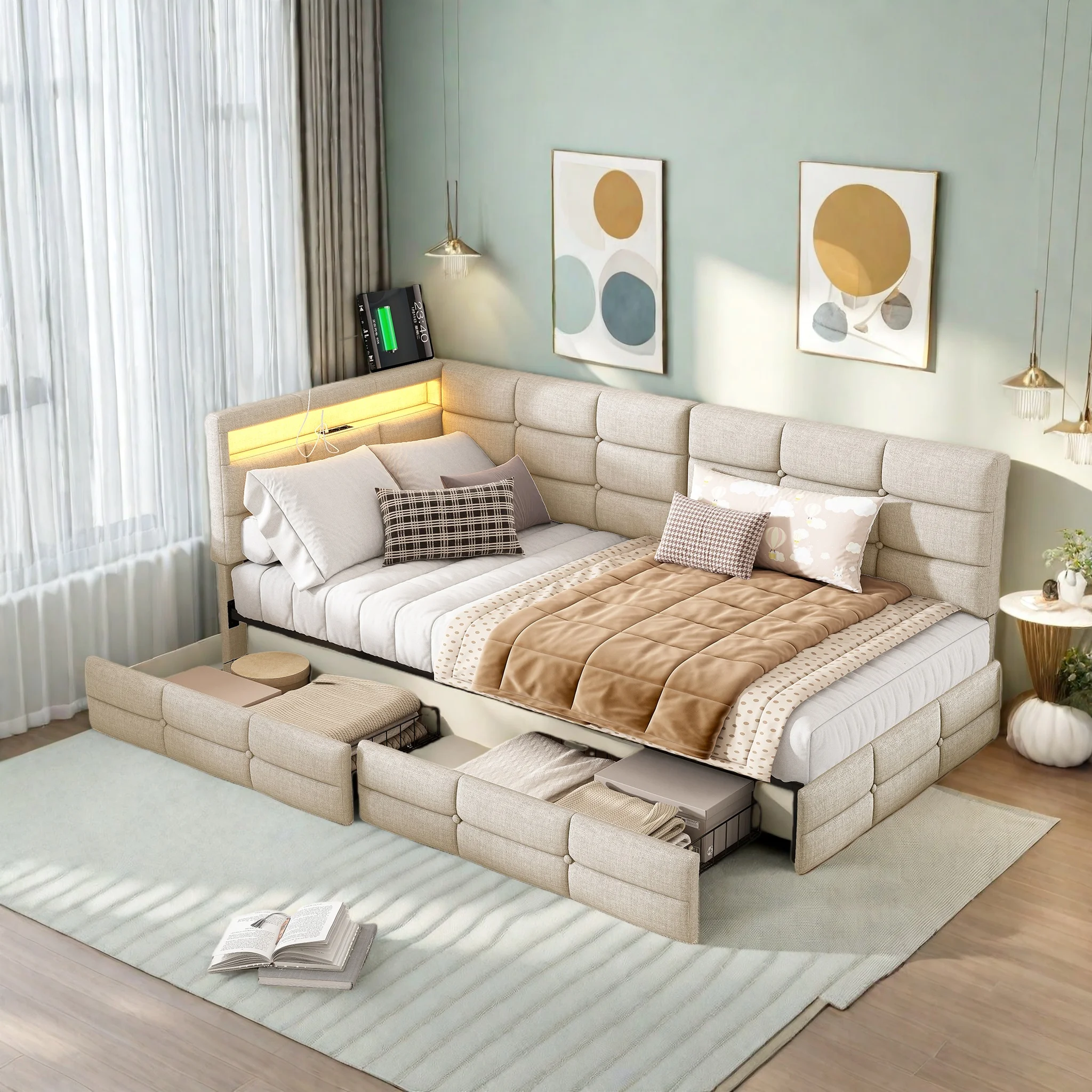 Polsterbett Schlafsofa 90x200, Einzelbett mit LED und USB, Daybett Tagesbett mit 2 Schubladen, Jugendbett Kinderbett Sofabett Gästebett Bettgestell mit Lattenrost, Leinen, Beige