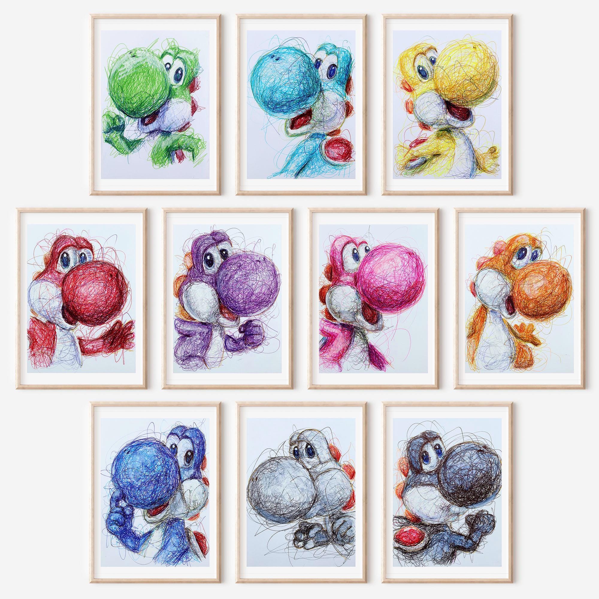 Set completo di stampe a penna a sfera colorate di Yoshi, opere d'arte di Yoshi's Island, opere d'arte di Super Mario World, stampe artistiche Nintend