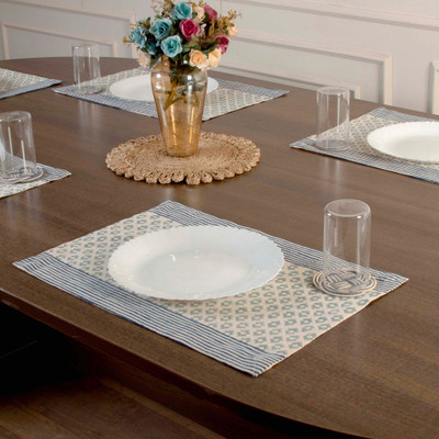 Azure Rhythm,'6 Geometric Striped Hand-Block Printed Cotton Placemats'