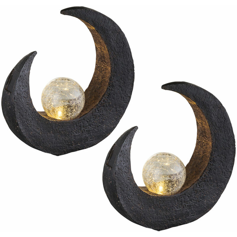 Lampade Da Esterno Da Giardino Luna Crescente Luce Solare Decorativa Led Luce Solare Luna, Mezzaluna Palla Nero Marrone, Led, H 30,5 Cm, Terrazza, Set Di 2