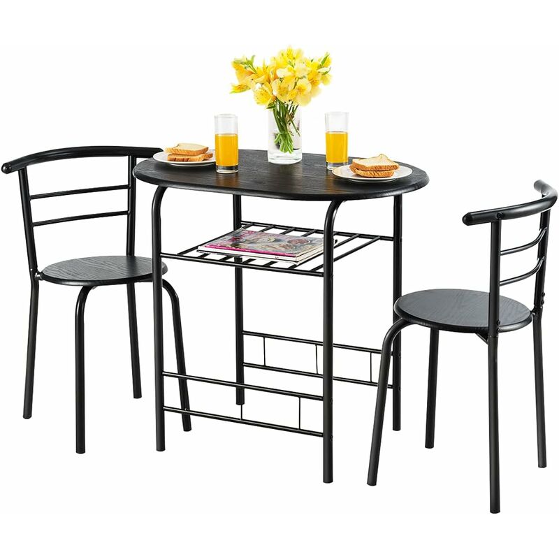 Costway 3 Pezzi Set Da Pranzo Set 1 Tavolo E 2 Sedie Da Cucina, In Metallo E Mdf, Moderno Ed Elegante (nero)