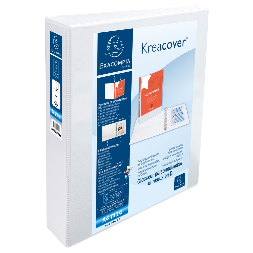 Exacompta Personalisierbares Ringbuch aus PP 2,3mm, 2 Ringe 50mm, Rücken 75mm, 2 äußere Klarsichthüllen, 32x29,5cm für DIN A4 Überbreite - Kreacover Image