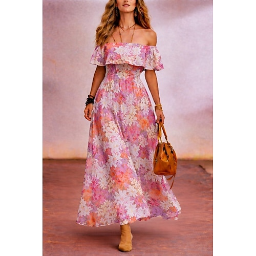 Chiffon-Maxikleid für Damen, Sommerkleid, Etuikleid, A-Linien-Kleid, Rüschenkleid, Urlaubskleid, Strandkleid, Hochzeitskleid, normale Passform, Blumenmuster, ärmellos, schulterfrei, rosa, Image