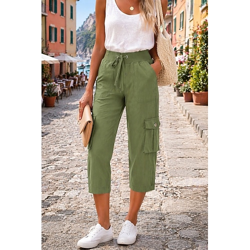 Damen Baumwolle Caprihose Cargo-Hosen Stoffhosen Urlaub Streetwear Basic Wadenlang Natürliche Taille Einfach Tasche Elastisches Kordelzugdesign Bequem Komfort Außenbereich Unelastisch Täglich Urlaub Image