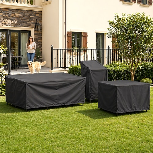 Schwarze rechteckige Schutzhülle für Gartenmöbel aus 210D Oxford-Gewebe, wasserdicht, staubdicht und UV-beständig (180 x 150 x 80 cm), mit Kordelzug.