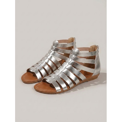 Schwarze, gewebte Gladiator-Sandalen für Damen, lässige flache Sandalen mit Reißverschluss hinten, ideal für Alltag, Shopping, Reisen und Urlaub ungezwungene Ausflüge Image