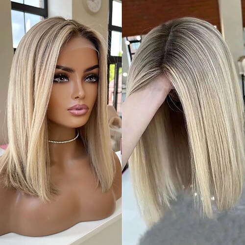Echthaarperücke (100 % unbehandelt, ohne Kleber) mit 5x5-Verschluss, 13x4-Spitzenfront, kurzem Bob, brasilianischem Ombré-Haar, glattem, aschblondem Haar mit Babyhaaren und natürlichem Haaransatz. Image