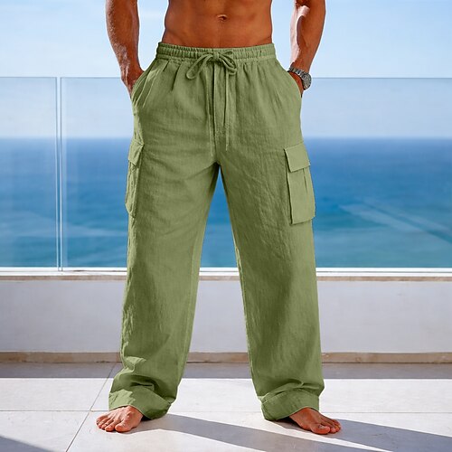 Herren Cargo-Hosen Sommerhose Strandhose Gaze-Hosen Kordelzug Elastischer Bund Mehrere Taschen Einfach Komfort Weich Volle Länge Täglich Outdoor Ferien Urlaub Mode Schwarz Weiß Unelastisch Image