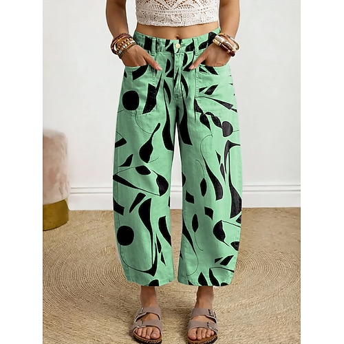 Damen Weites Bein Chinos Abgeschnittene Hose Urlaub Vintage Lässig Knöchellang Hohe Taille Grafik Geometrisch Druck Bequem Komfort Atmungsaktivität Unelastisch Täglich Straße Blau Violett Grün Sommer Image