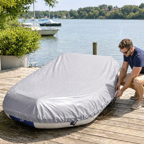 Kajak-Gummiabdeckung, wasserdicht, UV-beständig, staubabweisend, für aufblasbare Boote und Beiboote, passend für Boote von 12-17 Fuß Länge, schwarz, Größe S, Länge 380 cm Image