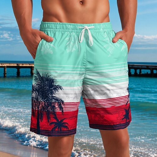 Herren Kokospalme Gestreift Tropische Pflanzen Badehosen Badeanzüge Badeshorts Boardshorts Mittlere Taille Hawaiianisch Strandurlaub Seitentaschen Netzfutter Elastischer Kordelzug in der Taille Image