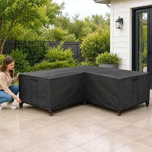 Gartenmöbelabdeckung, L-förmige Lounge-Abdeckung, wasserdichte Rattan-Sofaabdeckung, für Gartenmöbel, Sitzgruppen, Ecksofas, Ecklounge-Sets, Plane (270 x 270 x 90 cm, schwarz) Image