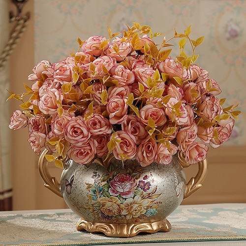 Europäisches künstliches Vintage-Blumenarrangement-Vasen-Set aus goldener Harzvase mit künstlichen Blumen, luxuriöse Wohndekoration, Tischblumenarrangement für Wohnzimmer, Büro, Hotel, Image