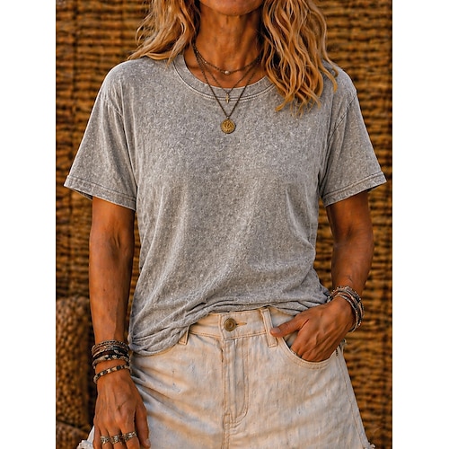 Damen-T-Shirt aus 100 % Baumwolle, Vintage-Waschung, modisch, stylisch, klassisch, Kurzarm, Rundhalsausschnitt, lang, lässig, für Strand, Sommer, Frühling Image
