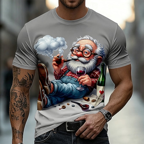 Herren-T-Shirt mit lustigem 3D-Cartoon-Motiv: Ein glücklicher alter Mann raucht Pfeife und trinkt Wein. Witziges T-Shirt mit Rundhalsausschnitt und kurzen Ärmeln – das perfekte Geschenk für Opas, Image