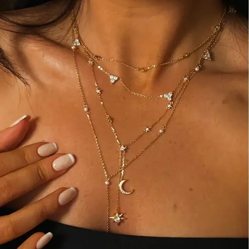 Collana con ciondolo a catena con stella lunare color oro Collana a catena lunga Micro pavimentata 5A CZ per gioielli di moda moderni sexy da donna