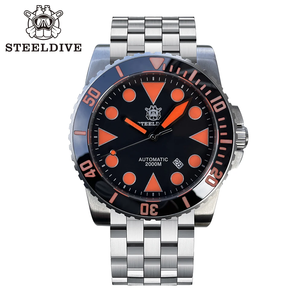 STEELDIVE SD1987 Nuovo Arrivo Cassa da 46,5MM Arancione Luminoso Impermeabile 2000M Ghiera in Ceramica NH35 Automatico Vetro Zaffiro Orologio Subacqueo