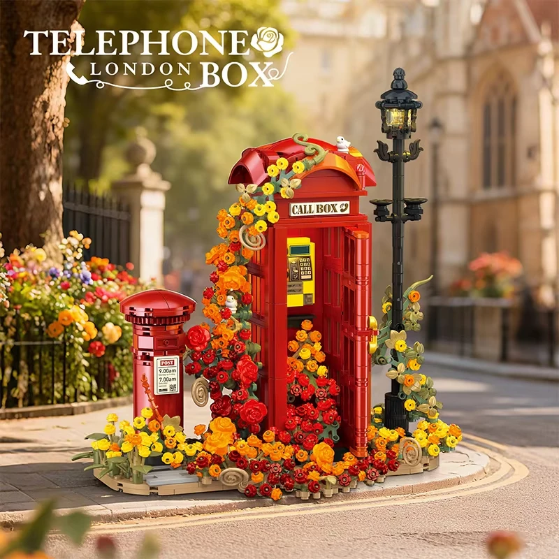 Creative Vintage Telephone Booth With Eternal Flower JJ9207 Building Blocks City Classic Call Box Bricks Toy Girl Valentine Gift