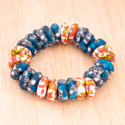 Spring Nights,'Classic Blue and Red Recycled Glass Beaded Stretch Bracelet'