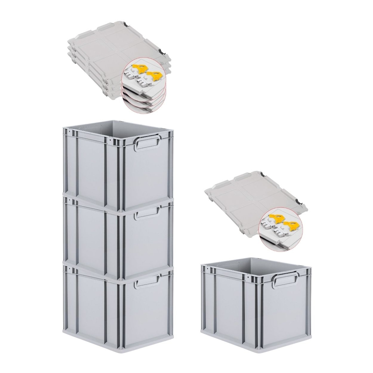 PROREGAL 4x Eurobox NextGen Grip mit Scharnierdeckel & gelben Verschlüssen | HxBxT 32x30x40cm | 30 Liter | Griffe geschlossen | Glatter Boden Image
