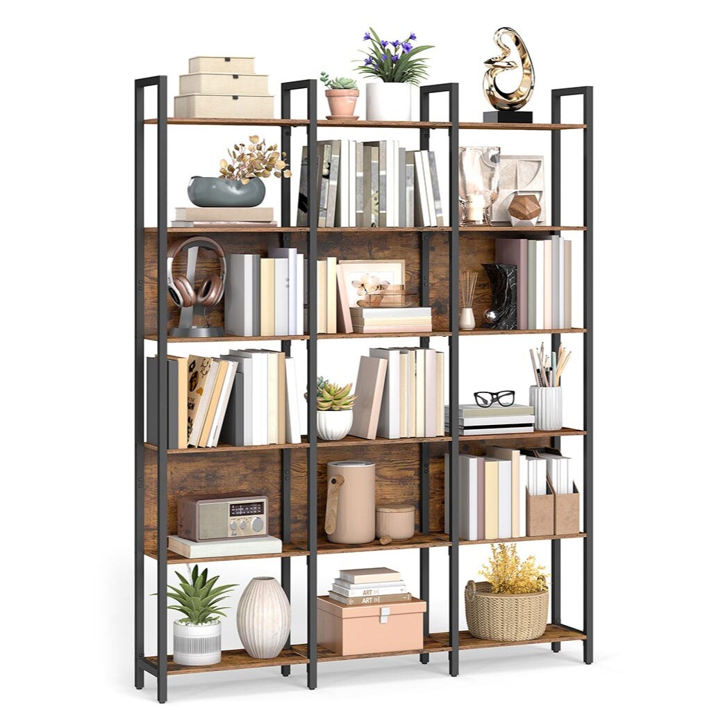 Helloshop26 - 6-stöckiges Bücherregal 24 x 31,8 x 175 cm Stahlrahmen für Wohnzimmer Flur Büro Industriestil Braun 12_0004270 Image