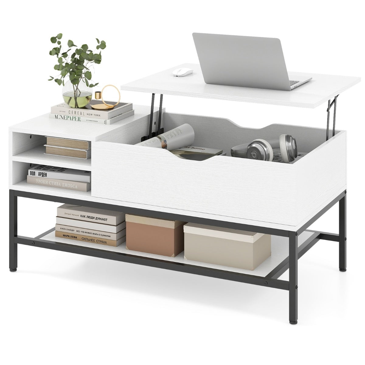 Helloshop26 - Rechteckiger Couchtisch 99,5 x 49,5 x 47,5 cm mit verstecktem Fach Hubtischplatte modernes Design aus weißem Holz 20_0017379 Image