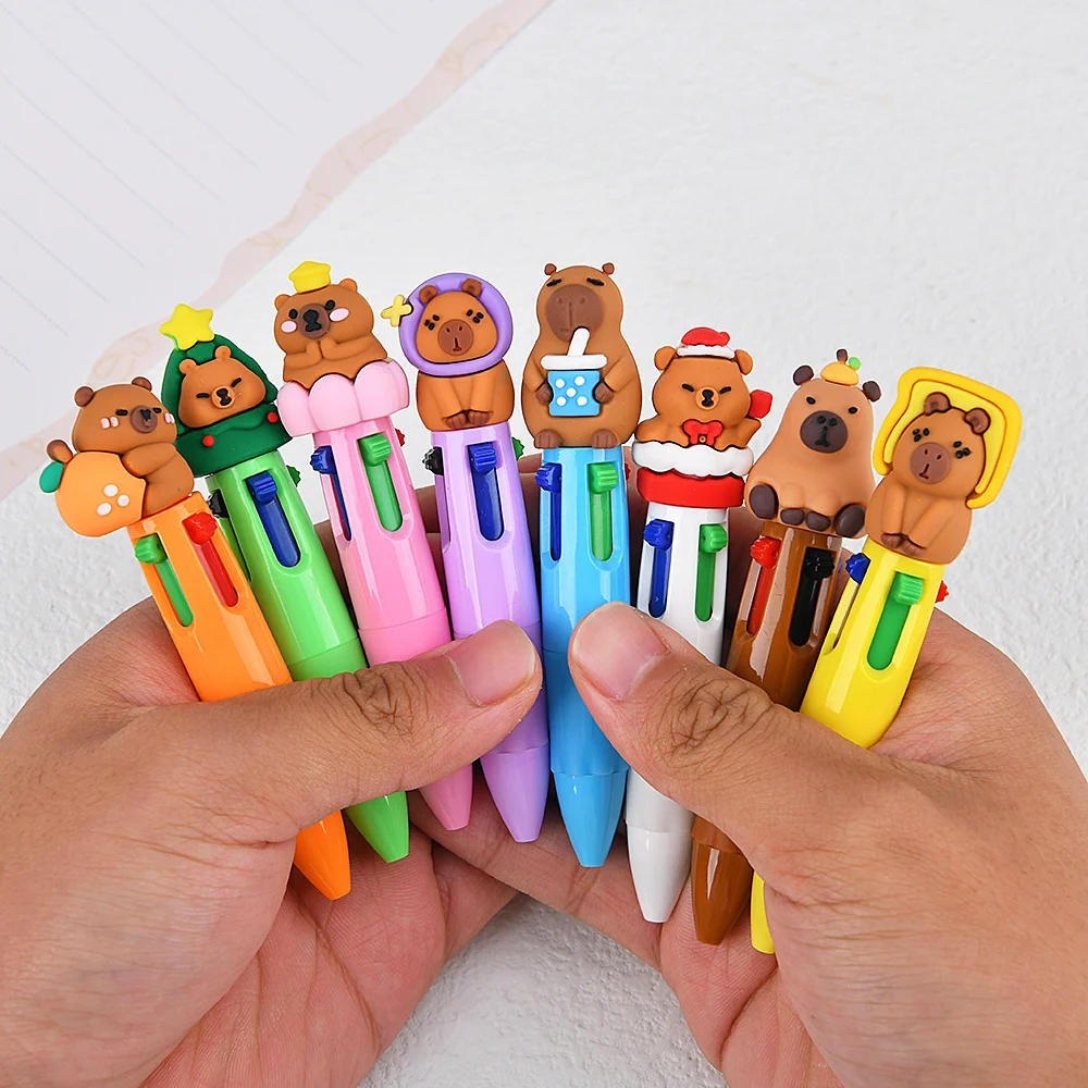 10 Stück Capybara Bunte Fassförmige Mini-Kugelschreiber, 4-in-1 Mehrfarbige Kugelschreiber, Cartoon-Design, Ergonomischer Griff, Kompakt
