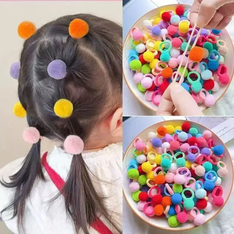 20 Stück/Set Mädchen Elastische Haarbänder Mädchen Plüschball Gummiband für Kinder Süße Scrunchies Haargummis Kinder Haaraccessoires Image