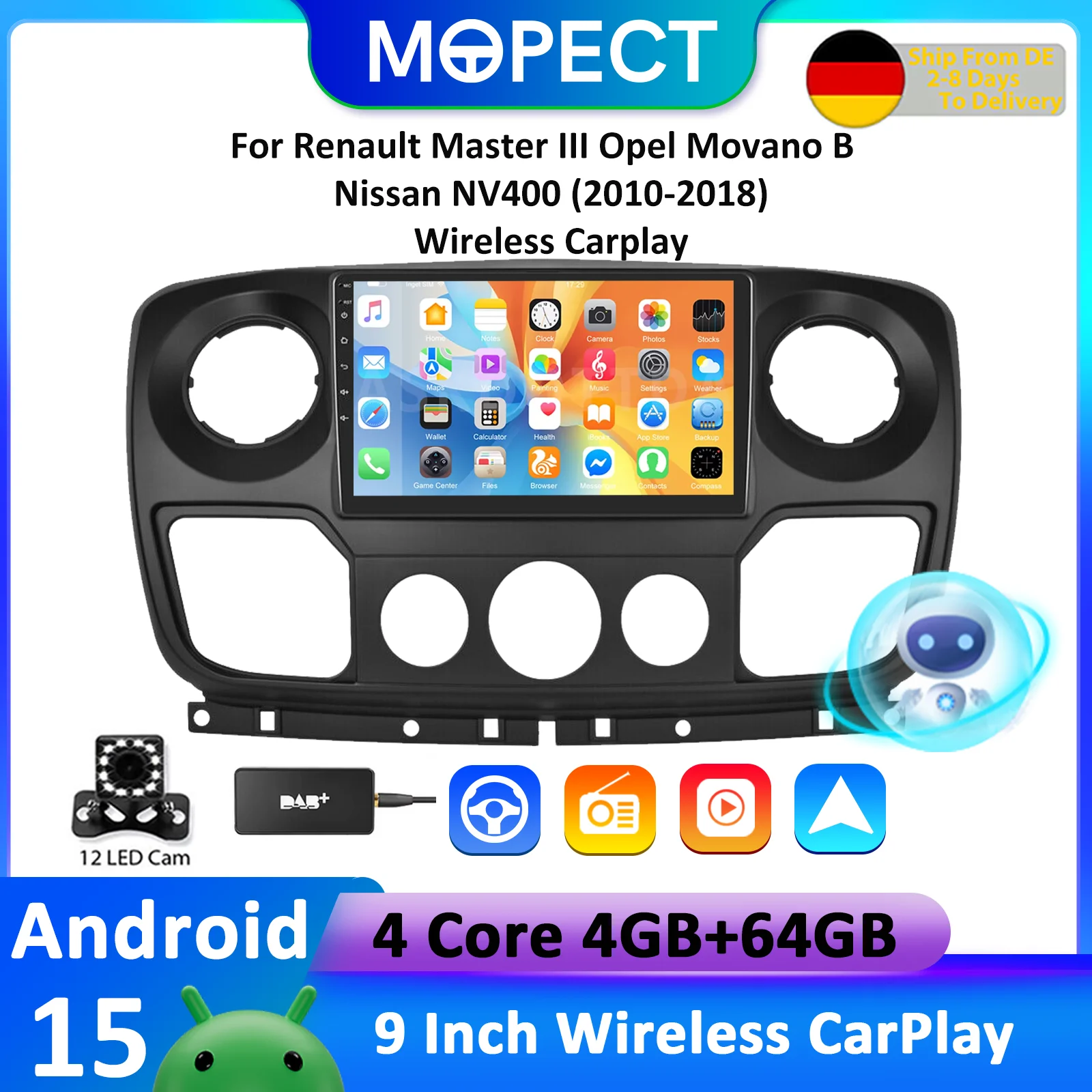MOPECT Android 15 Kabelloses CarPlay Autoradio für Renault Nissan NV400 (2010-2018) GPS FM WiFi Auto-Touchscreen Multimedia-Video Image