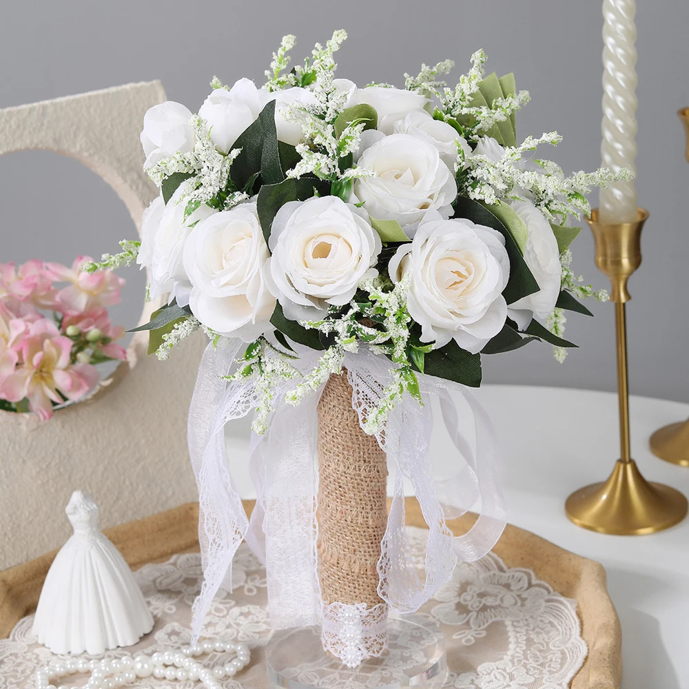 Rosenstrauß für die Braut - Handgehaltener Blumenstrauß Künstlicher Blumenstrauß für Hochzeit Braut Party Zeremonie Jubiläum Dekoration Image