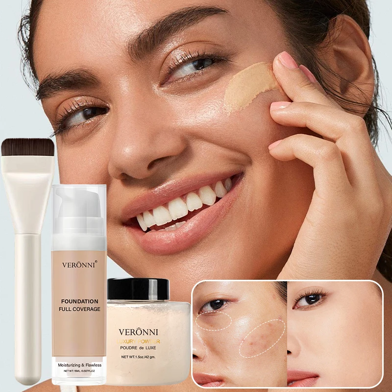 Dieses 3-teilige Make-up-Set enthält Foundation, Bananenpuder und einen Make-up-Pinsel für einen natürlichen Look, langanhaltende flüssige Foundation. Image