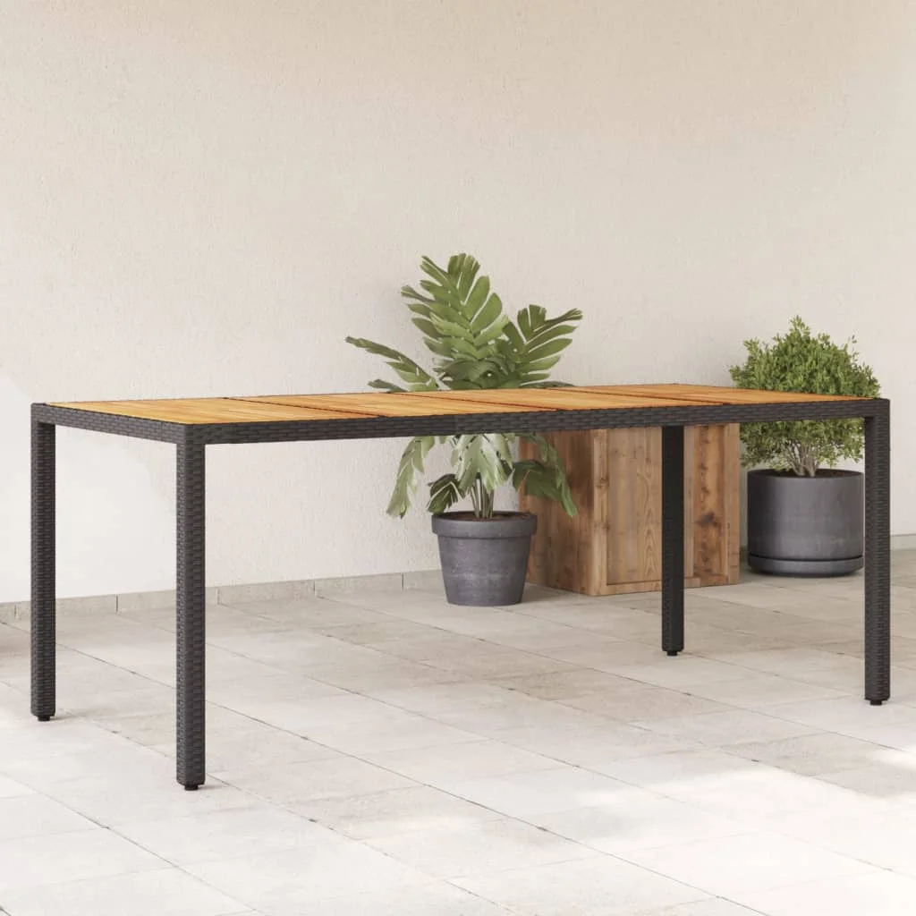 Gartentisch mit schwarzer Akazienholzplatte und geflochtener Kunstharzplatte. Moderner Gartentisch aus Holz für Terrasse und Hof (nur Tisch).