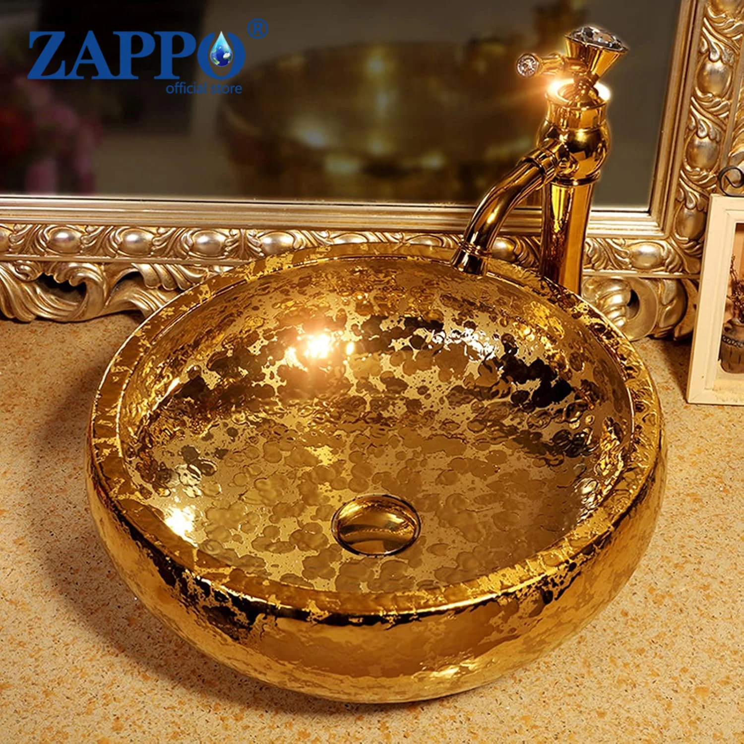 ZAPPO Goldfarbenes Waschbecken mit Wasserhahn-Abfluss, 38,1 cm rundes Keramik-Badezimmerwaschbecken über der Theke, goldene Luxus-Waschbecken für Badezimmer