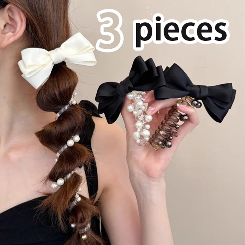 3 Stück süße, modische, trendige, niedliche Damen-Haargummis mit Schleife und Perlen im Telefonkabel-Design, Spiral-Haarring für Bubble Braids und Pferdeschwänze Image