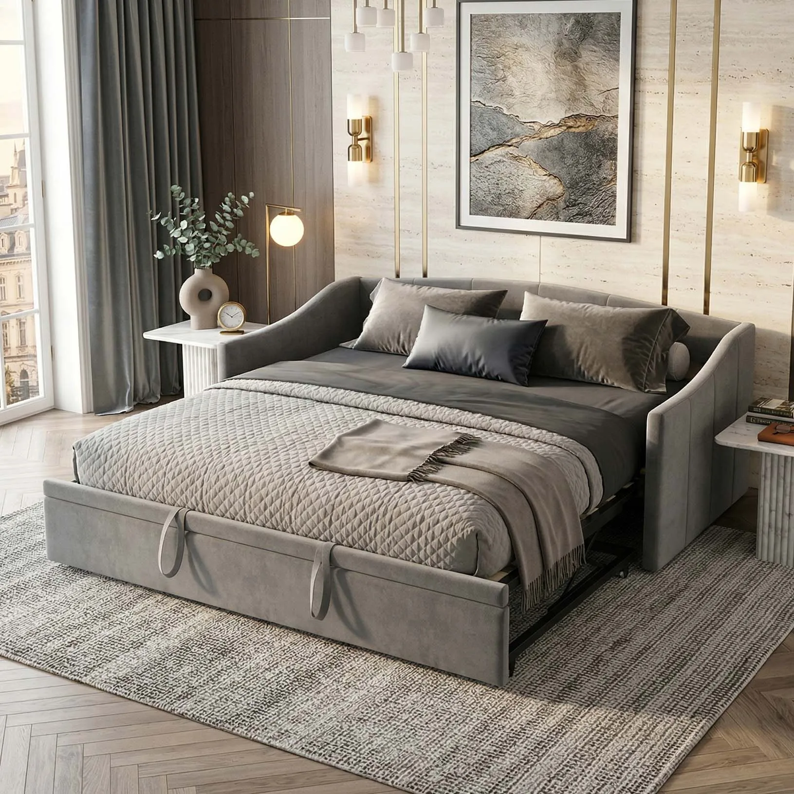 Schlafsofa 90/180x Samtgrau cm, ausziehbare Sitzbank für 2 Personen, Schieferbox, skandinavisches schickes Design Image