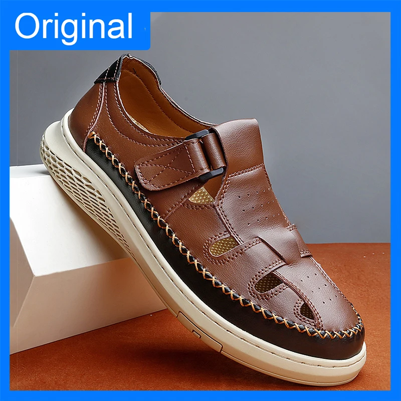 Herren-Sandalen aus Leder mit weicher Sohle, bequeme Retro-Hohlschuhe, atmungsaktiv, für den Sommer, vielseitige, rutschfeste Wandersandalen für Teenager Image