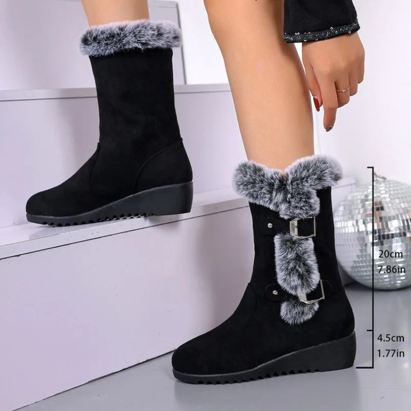 Winter Neue Frauen Schnee Stiefel Schwarz Keil Ferse frauen Mode Runde Kappe Wildleder Mid-kalb Stiefel Casual Pelzigen baumwolle Botas Schuhe