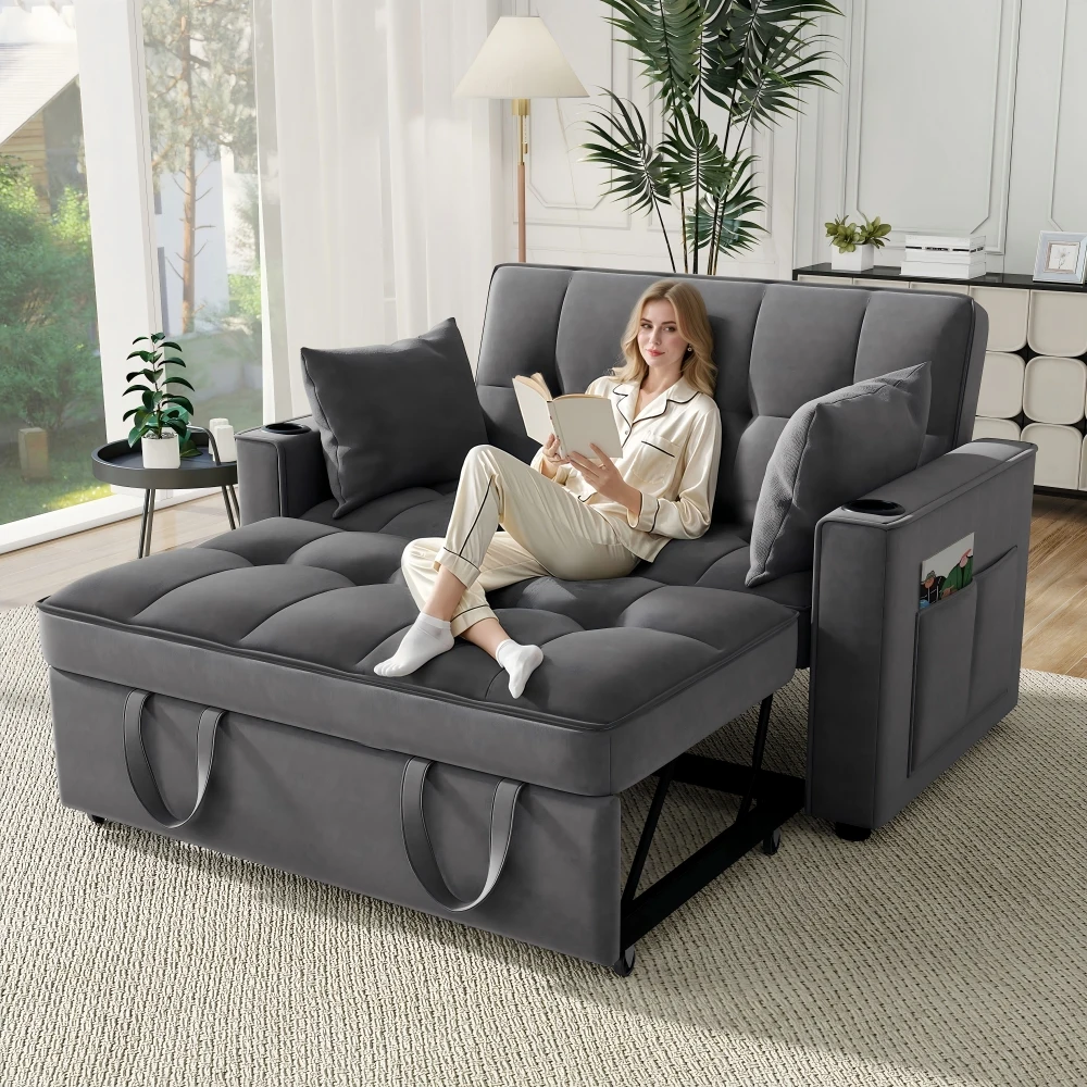 Klappbares Schlafsofa, Multifunktionales Sofa mit Schlaffunktion, Schlafsofa mit Getränkehalter & Kissen, für Wohnzimmer, Heimkino