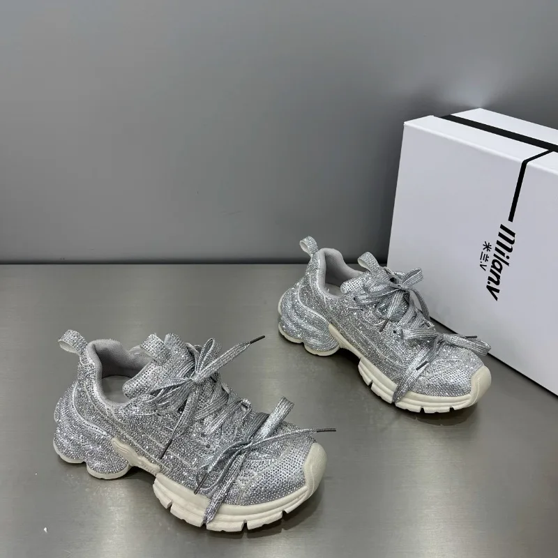 Full Sky Star Water Diamond Dicker Boden Papas Schuhe für Frauen 2025, Herbst, neuer Stil, Riemenhöhe, zunehmende Freizeitschuhe