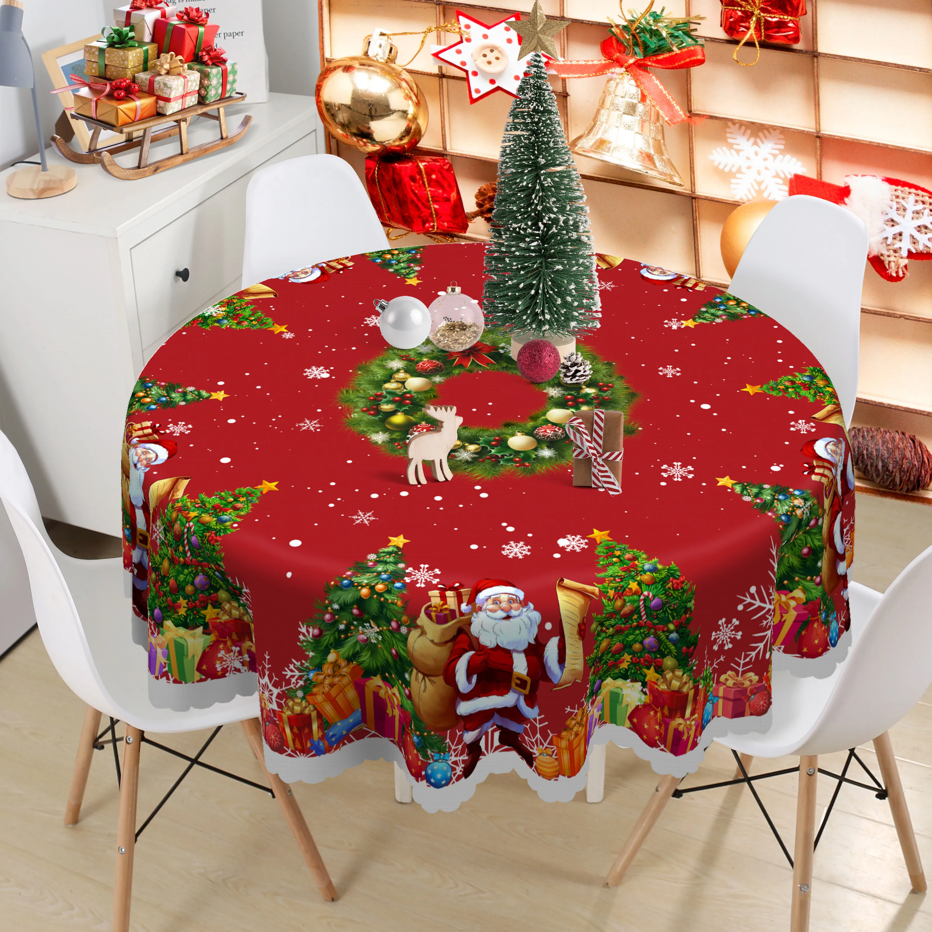 1 Stück, bedruckte Polyester-Tischdecke mit Weihnachtsmotiv + 4 selbstklebende Aufkleber, Weihnachtsmann, Weihnachtsbaum, Schneeflocke, Geschenkbox-Muster, geprägte Kanten, geeignet für Zuhause, Image
