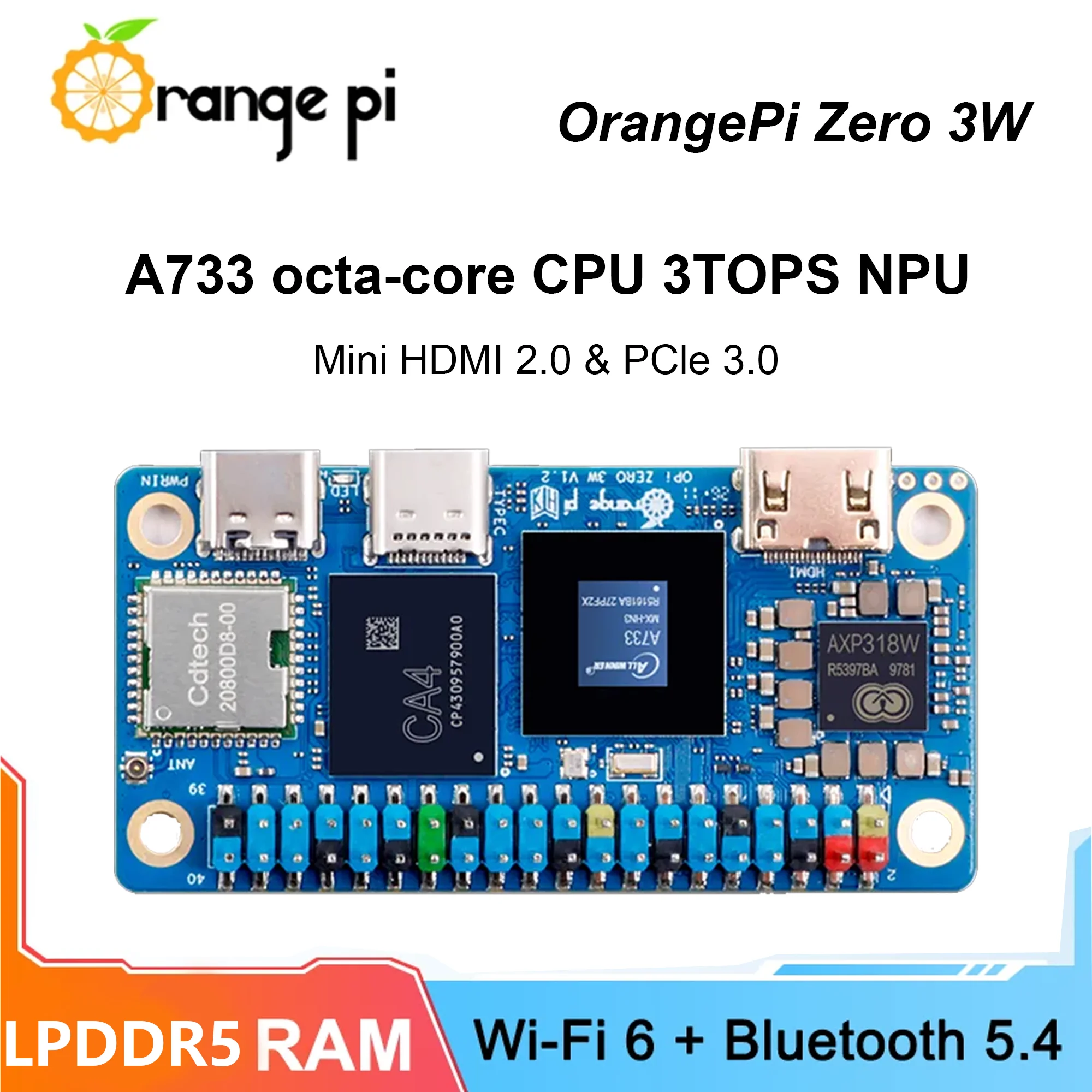 Orange Pi Zero 3W Entwicklungsboard Optionaler Kühlventilator Allwinner A733 SoC 3Tops NPU Mini HDMI 2.0 & PCIe 3.0 WIFI6/BT5.4 Image