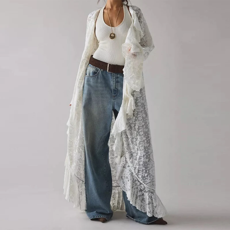 Weißer Spitzen-Rüschen-Maxi-Kimono für Damen, langärmlig, vorne offen, mit floraler Spitze, im Boho-Stil, für den Sommerurlaub, Strandkleidung Image