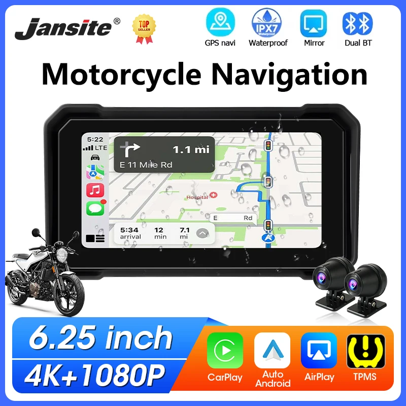 Tragbarer 6,25-Zoll-Motorrad-Touchscreen mit Carplay, DVR, GPS-Navigation, IPX7 wasserdicht, Dual-BT-Motorradmonitor, 4K+1080P Dual-Objektiv, TPMS Image