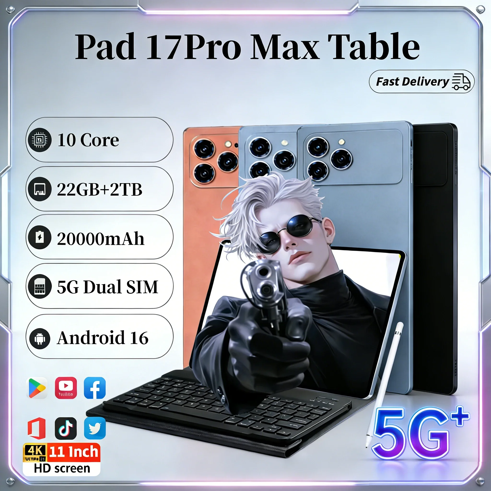 Nuovo Tablet PC 2026 Edizione Globale Pad 17 Pro Max Android 16, 24GB RAM, 2TB di Archiviazione, Schermo da 11 Pollici, Batteria da 20000mAh, Dual SIM 5G
