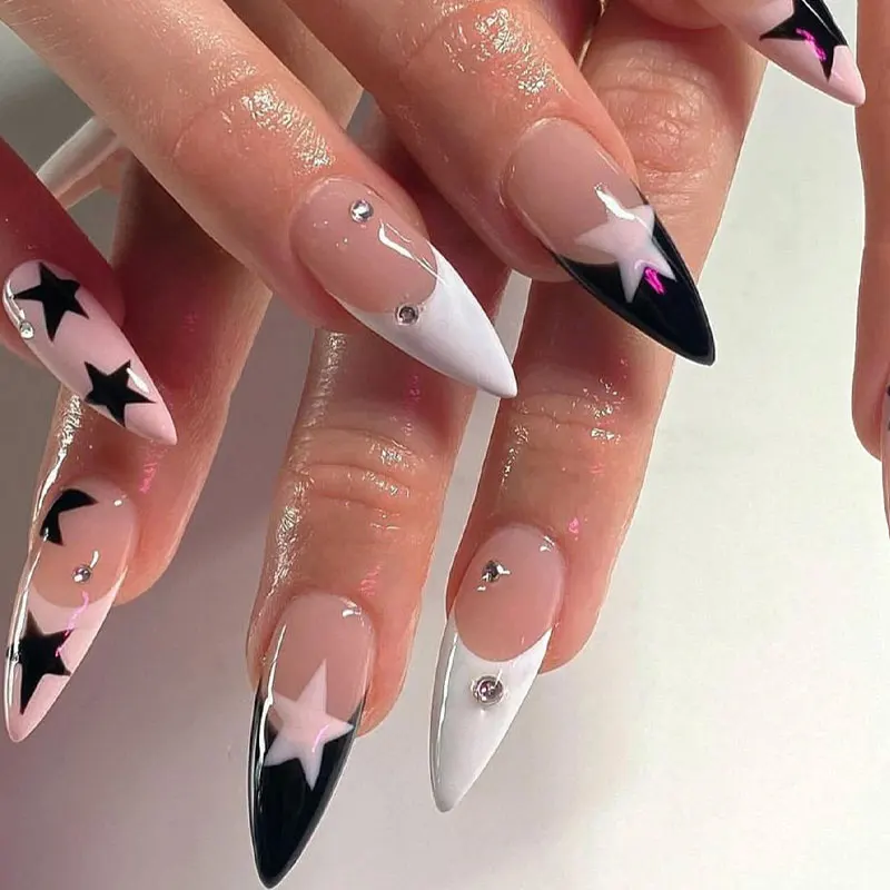 24 Stück neue schwarze und rosa Stern-Nägel, kreativ mit Diamanten besetzt, glitzernde, abnehmbare künstliche Nägel, Mandelförmige Press-on-Nägel Image