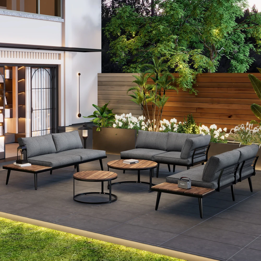 5-6-Sitzer Outdoor-Garten-Lounge-Set, Terrassen-Sofagarnitur mit Kaffeetisch, Verzinkter Eisenrahmen für Garten & Terrasse
