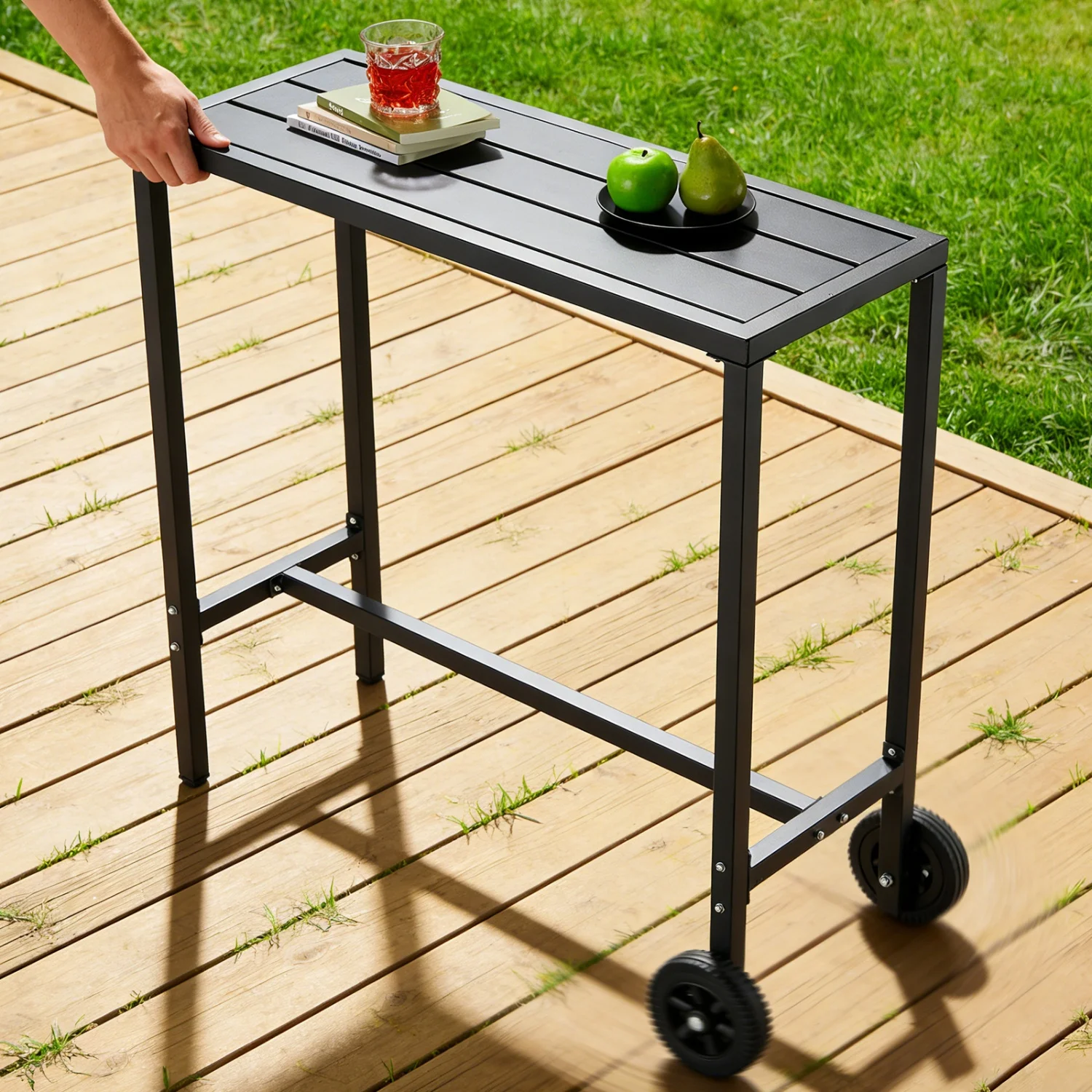 100cm Outdoor Rollbarer Bartisch mit Rädern & Verstellbaren Füßen, Metalltisch in Thekenhöhe für Terrasse, Balkon, Garten & Innenbereich