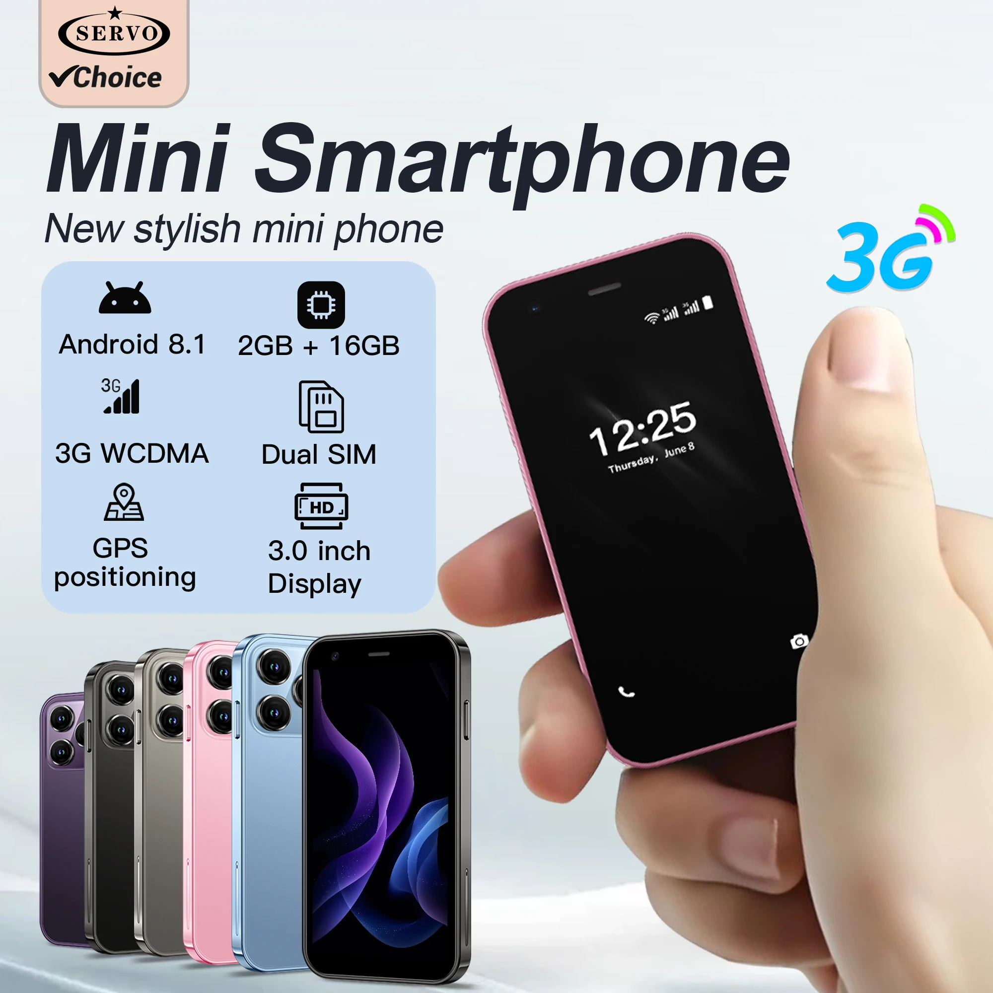SERVO Mini-Smartphone, Dual-SIM-Karten, Android 8.1 System, 2 GB + 16 GB, 3G-Netzwerk, Play Store, WLAN, 3,0-Zoll-Display, kleines Smartphone