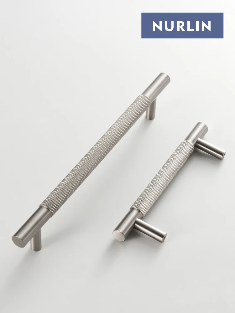 Nurlin Kreuzrändelmuster aus massivem Messing mit Diamantschliff, silberfarbenes gebürstetes Nickel, Schrankgriffe, Kleiderschrankgriffe, T-Stang-Knöpfe, gerändelt Image