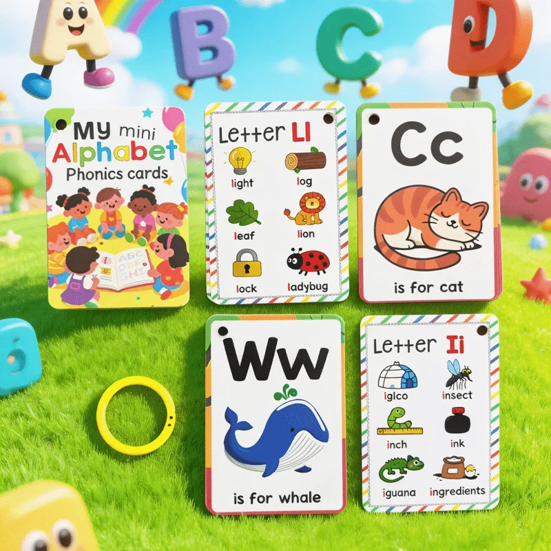 26 Englische Alphabetkarten für Früherziehung, Lernkarten zur Verbesserung der Englischkenntnisse von Kindern, Farbige Tier-Alphabet-Erkennungskarten Image